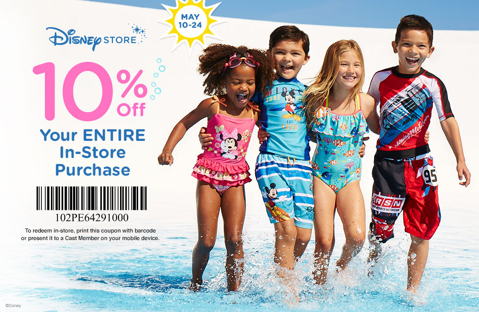 10% off your entire in-store purchase. To redeem in-store, print this coupon with barcode or present it to a Cast Member on your mobile device.