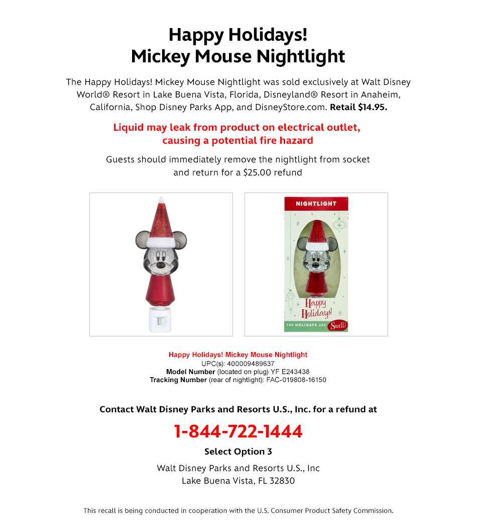 Safety Recall - Happy Holidays! Mickey Mouse Nightlight